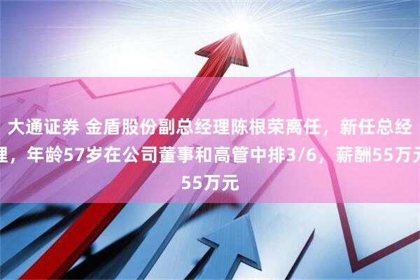 大通证券 金盾股份副总经理陈根荣离任，新任总经理，年龄57岁在公司董事和高管中排3/6，薪酬55万元